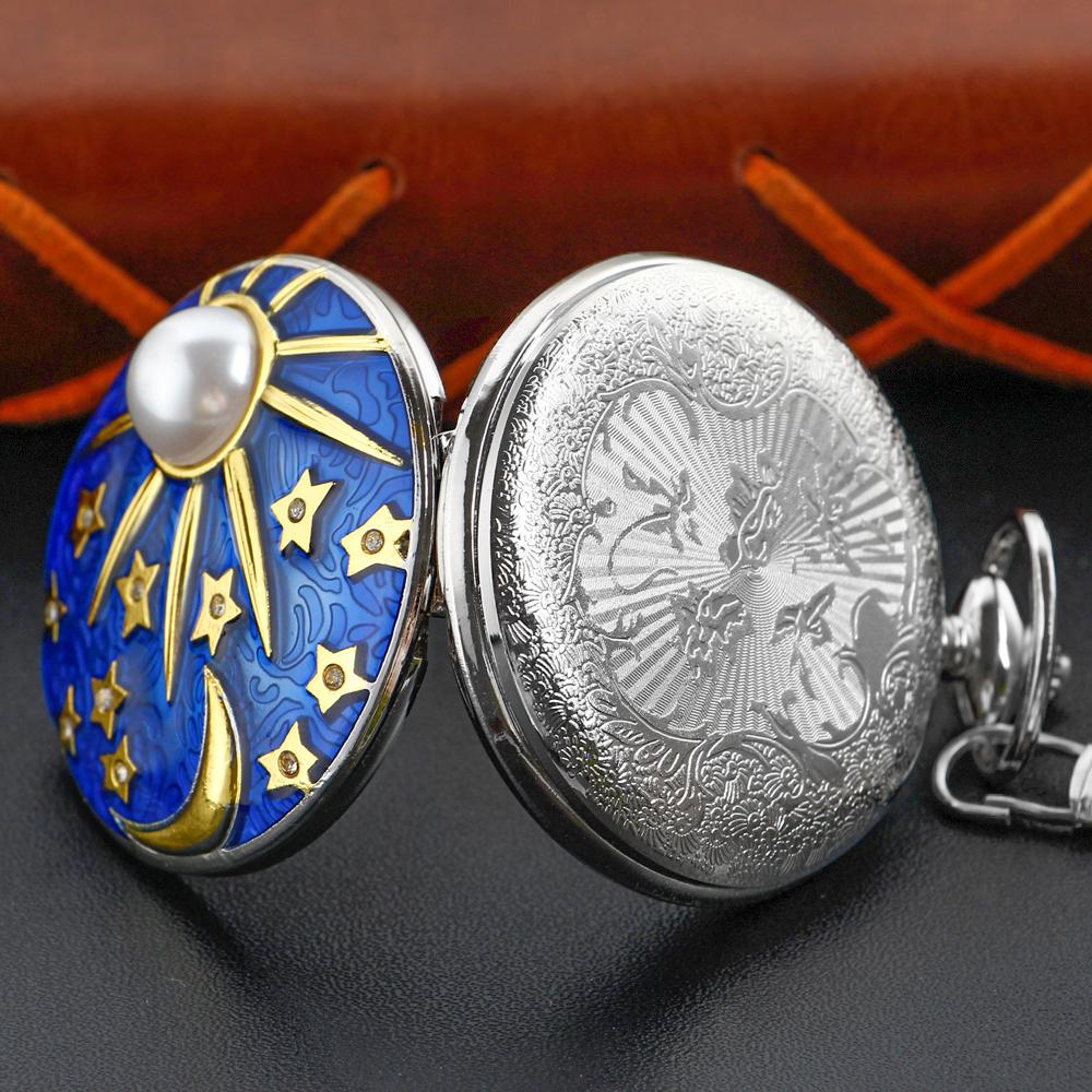 Sun, Moon, Stars, Pearl Oil Painting Men's and Women's Quartz Pocket Watch Retro Fashion Necklace Pendant Student Festival Gift