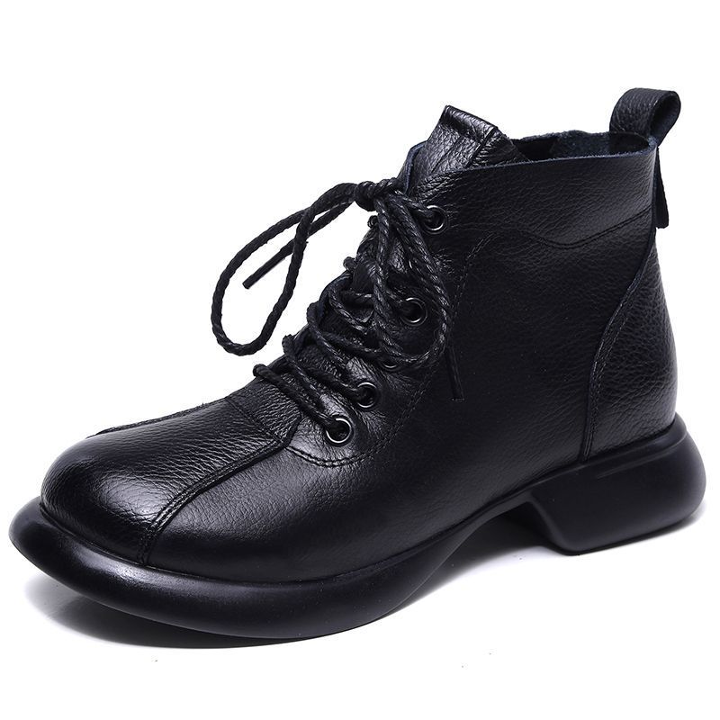 Brand Retro Black Brown Split Leather boots Woman Casual Lace Up Winter Snow Boots Non-slip Rubber Booties Ladies Ankle Botas