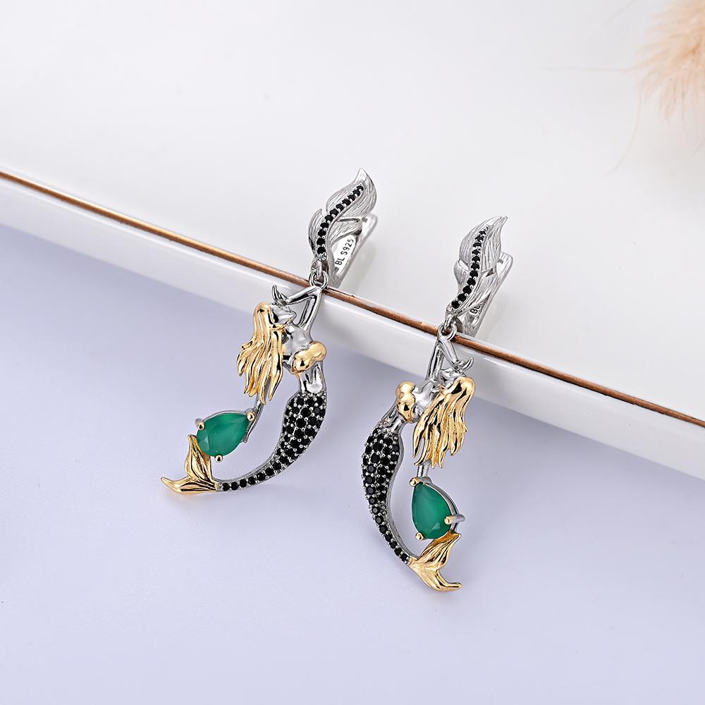 Gorgeous mermaid-shaped design paired with natural green agate gems ring Earrings Set 925 silver fine jewelry for women and girl