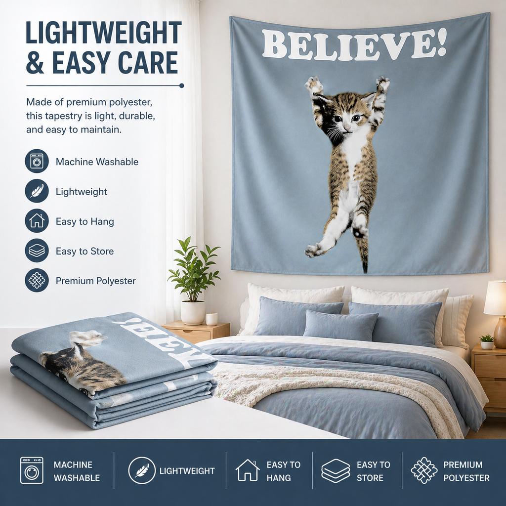 Funny Cat Believe Wall Tapestry Flat Print Aesthetic Room Decor Motivational Kitten Hanging Poster for Bedroom Dorm Office