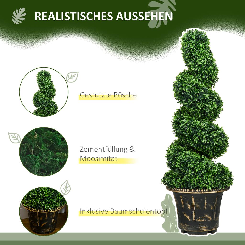 Conjunto de 2 Plantas Artificiais, Árvores de Buxo Espiral Topiário com Vaso, para Decoração Interna Externa de Casa, 90cm
