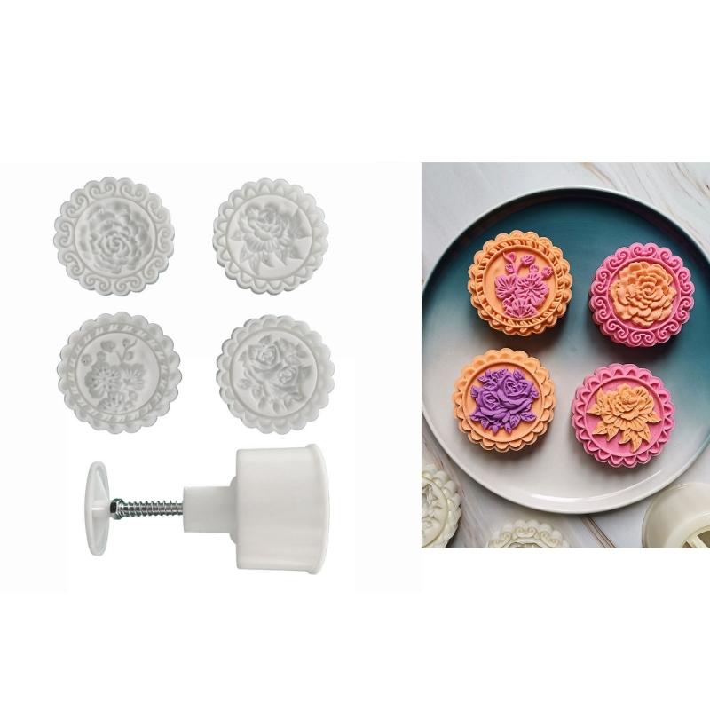 Mung Bean Cake Mold with 4 Seals- Rose Peony Plum Blossom- Mold Set Hand Pressed Cookie Dessert Diy Pastry Baking Tool