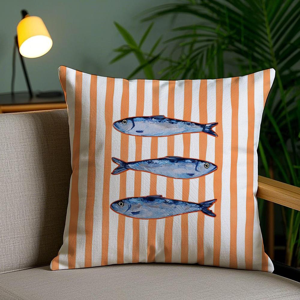 Ocean Life Theme Striped Cushion Cover Soft Short Plush Double-Sided Printing Home Decor Machine Washable Pillow Case Gift
