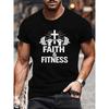 European Sizes Cross and Barbell Pattern "Belief and Fitness" Print | Comfortable and Breathable Casual Sports Top, Short-Sleeved T-Shirt
