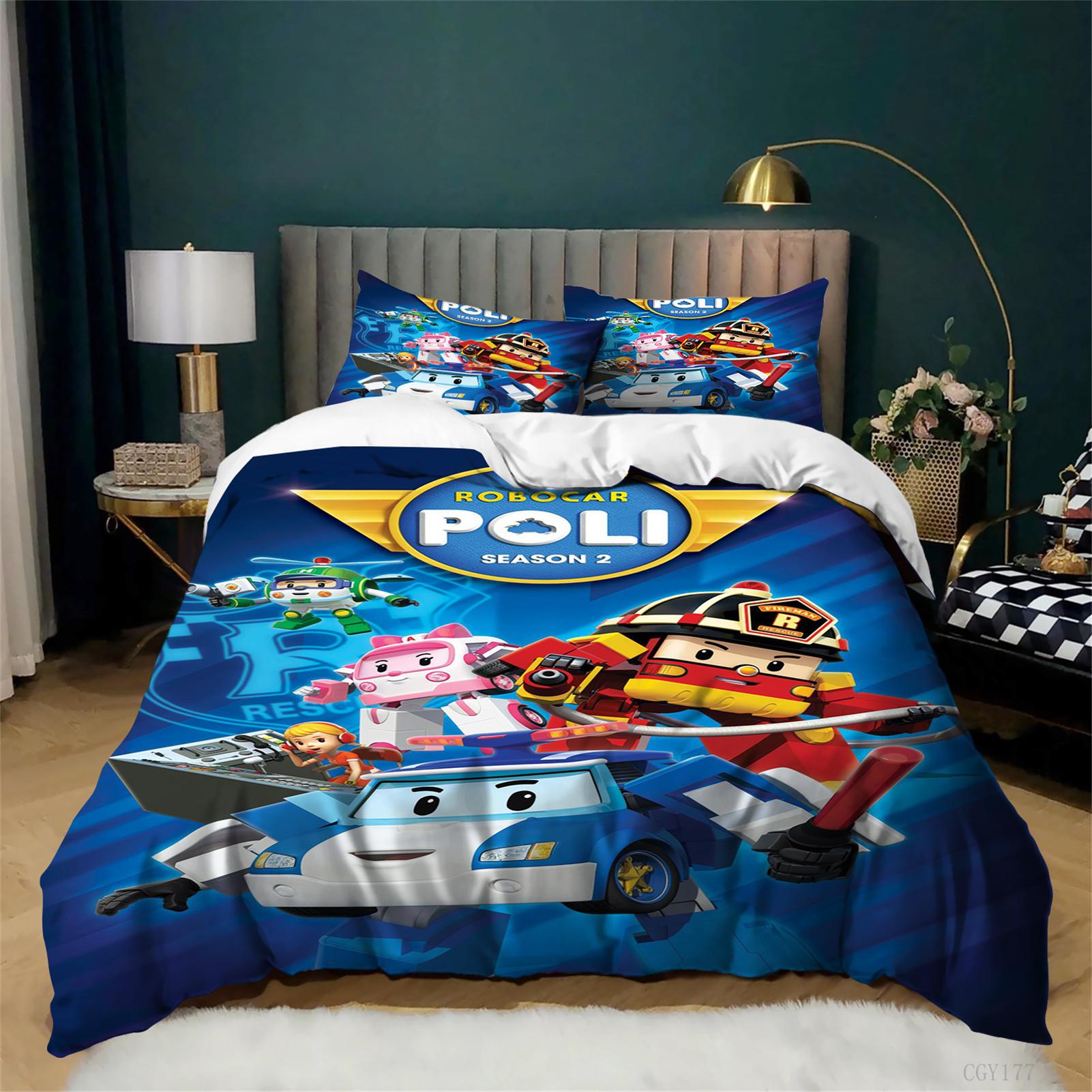 Roboc-ar Poli Quilt Cover with Pillowsham Bedding Set 3pcs All Season Lightweight Duvet Cover Set Cartoon Soft 135x200cm