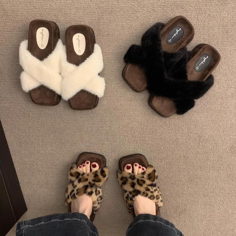 Retro cross Mao Mao outer slippers spring and summer casual versatile gentle leopard print thick-soled Mao Mao shoes cotton drag women's shoes