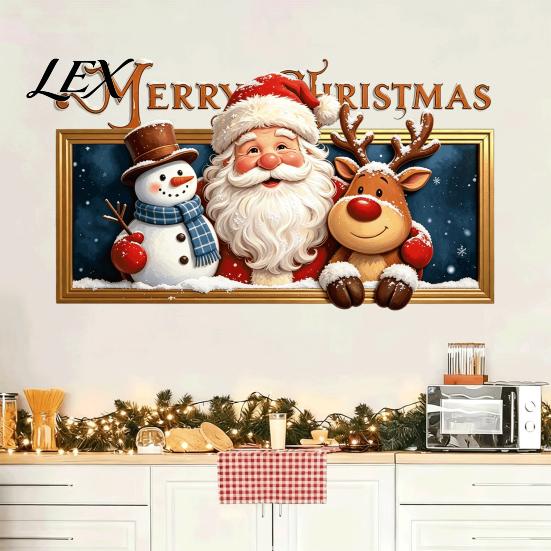 Cartoon Christmas Wall Stickers Stickers, Santa Claus Reindeer And Snowman Decals with Photo Frame Removable Design, PVC Self-adhesive Art Decor