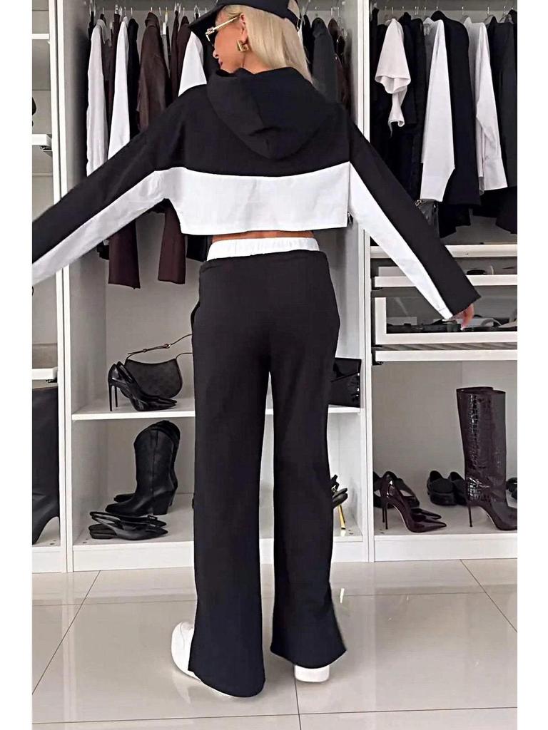 Nowy Modny Damski Zestaw Bluza z Kapturem Color Block i Długie Spodnie ze Sznurkiem