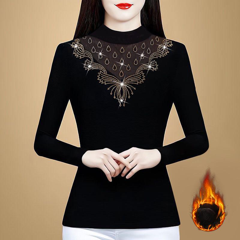 Black Mesh Base Shirt for Women's Top Mother Autumn New Half-high Neck with Large Size Stylish Air Button-down