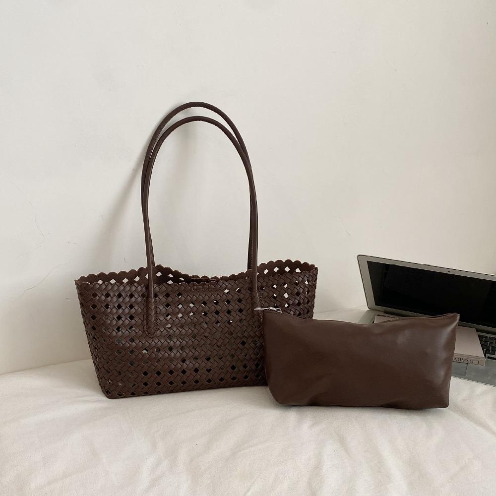 

Large Capacity Leather Woven Tote Bag Foldable Beach Handbag Sweet Grocery Bag Vacation кофейный