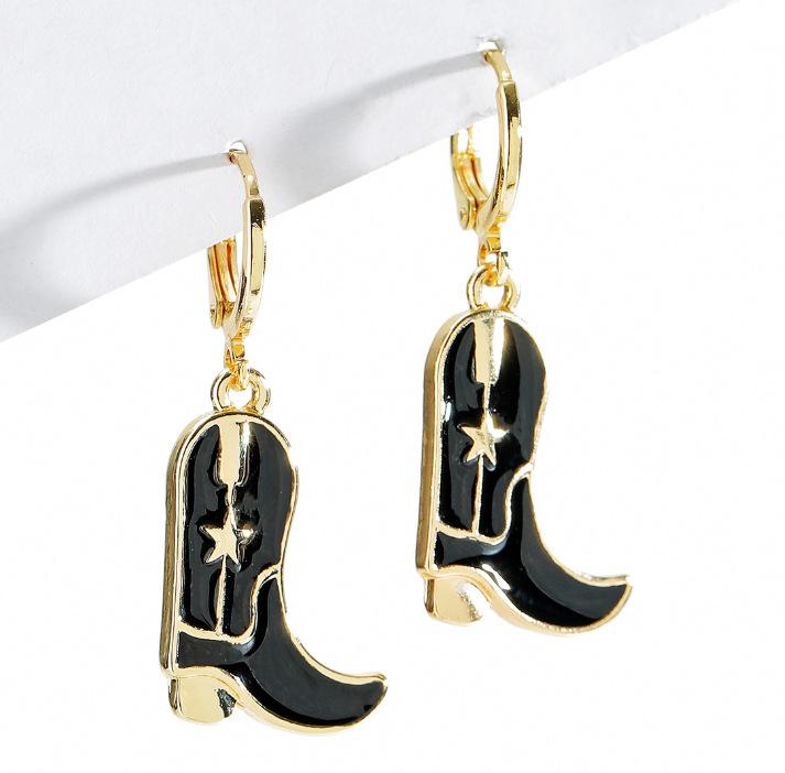 Dangly Cow Print Boot Cowboy Cowgirl Western Earrings Brown Metal Zircon Boho Bohemia Fur Hat Boot Star Earrings Golden EAR0126