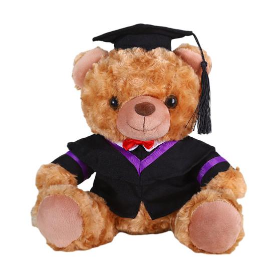Plyšový medvídek absolvent 2025 s talárem, čepicí a střapcem, roztomilý hnědý absolvent