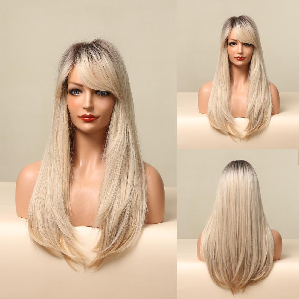 LOUIS FERRE Synthetic Long White Wigs with Bangs Cosplay Straight Wigs with Brown Highlight Natural Fake Hair for Black Women