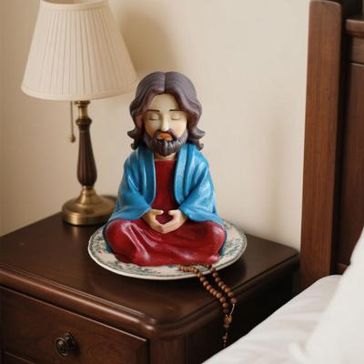 Meditating Cartoon Jesus Figurine Hand-Painted Jesus Statue Sculpture Religious Easter Christmas Desktop Decoration Ornament