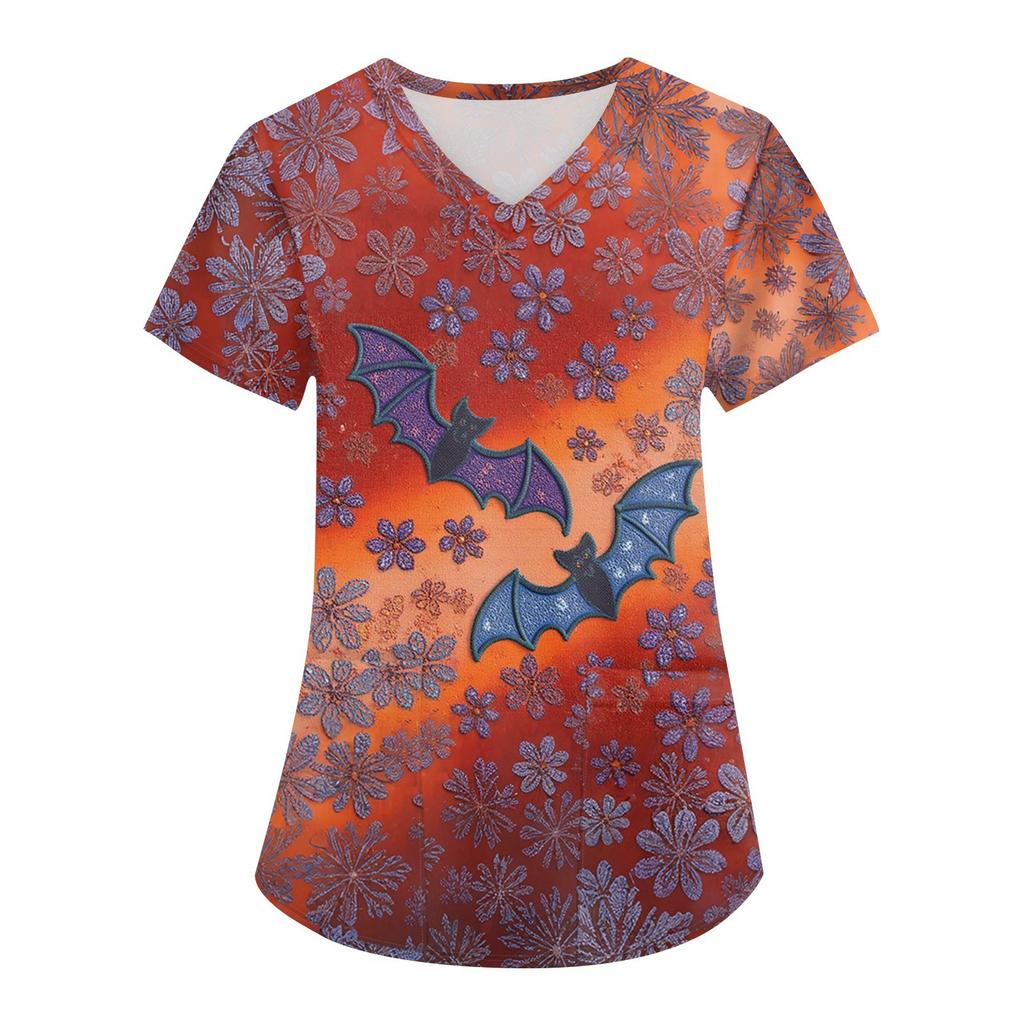 Women's Printing Uniform Work Uniform V-neck Pockets Basic Short Sleeve Pullover Top