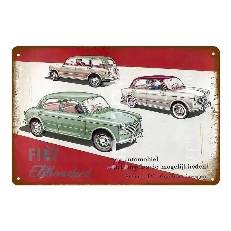 Sinais de Lata de Metal Vintage Clássico Fiat 500 Pôster de Metal Decoração de Arte de Parede Pôster Decoração de Parede para Casa Café Bar Pub Pôster Arte em Metal de Carro