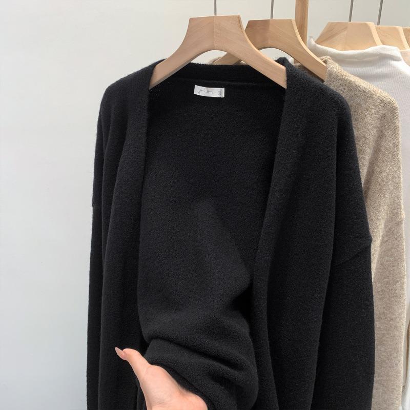 

Lazy and Relaxed Mid-length Sweater Cardigan Coat for Women Autumn New Korean Style Beautiful Sweater Top S чёрный