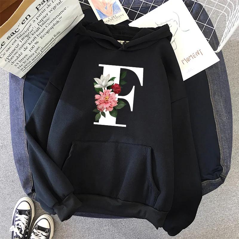 Hot Sales Womens Hoodies Casual Letters A-Z Printing Sweatshirts Sportswear Outdoors Sports Jogging Woman Clothing Black Tops