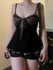 European & American Sexy Leopard Print Color Block A-Line Lace Tie-Up Camisole