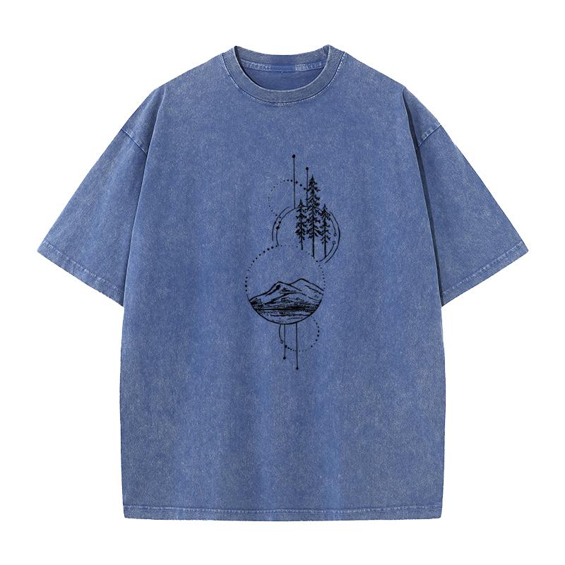 Geometric Abstract Mountain Round Neck Washed Tshirts Christmas Family Tops Tees Family Cotton Washed Tops Tees Mens