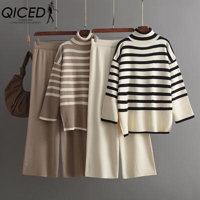 Striped High-neck Sweater, Women's Autumn and Winter Loose Design Knitted Sweater Pullovers, Two-piece Set