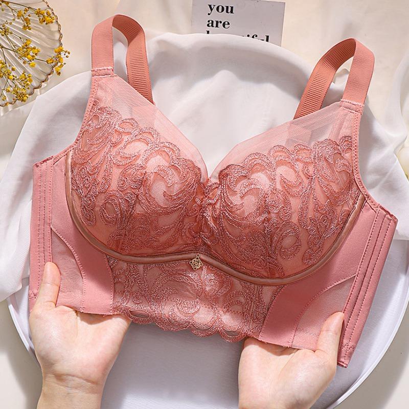 Embroidery Flower Underwear Bra Without Steel Ring Gathered Adjustable Side Breasts Anti-sagging Bra