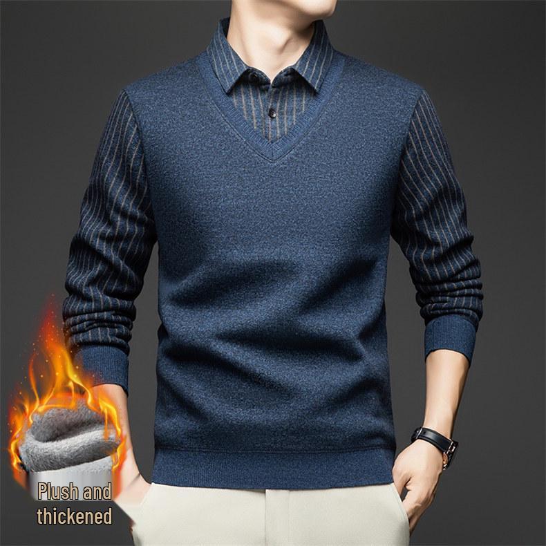 

Men s Winter Long Sleeve Plus Velvet Warm Loose Top - Zodiac Year Design (Fake Two-Piece, Red) 3XL синій