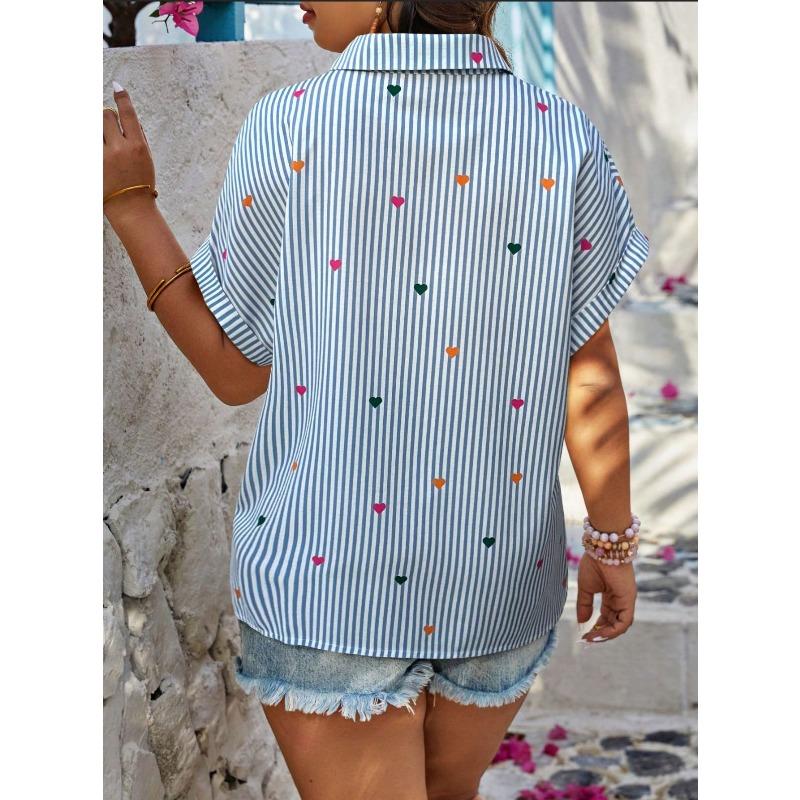 Summer New Fashion Women's Short-sleeved Striped Love Print Casual Shirt