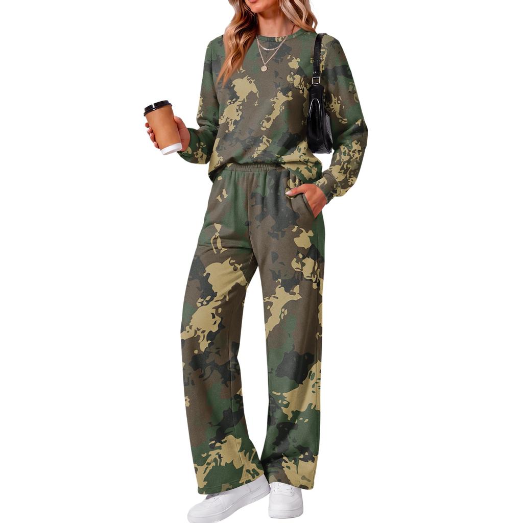 Women's Casual Round Neck Loose Fit Printed Sweatshirt and Pants Set for Everyday Wear