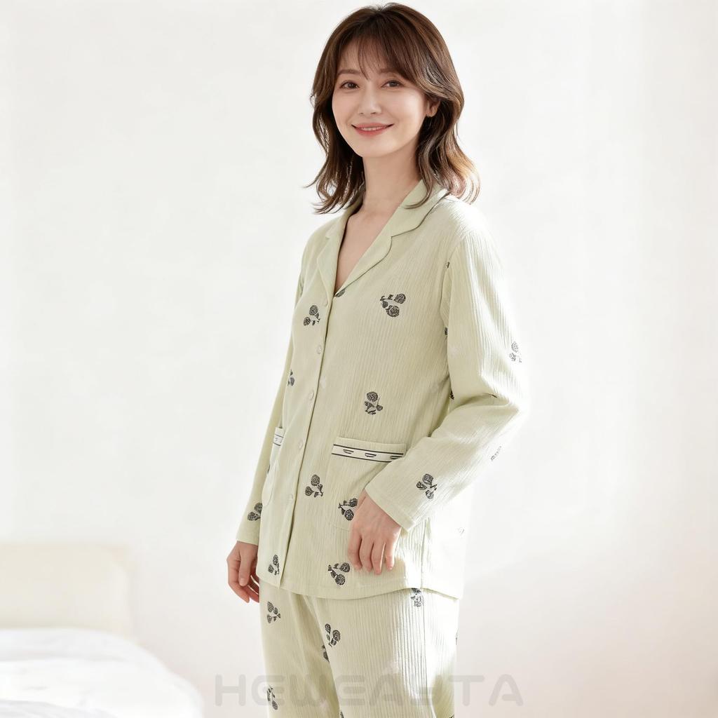 HEWEAYTA Long Sleeve Floral Lightweight Loungewear Set with and Loose Fit Size Women's Open-Front Pajamas, Buttons, Breathable, Comfortable, (Green,