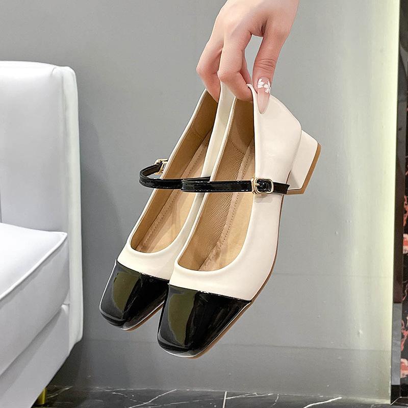 Xiaoxiangfeng French thick heel Mary Jane women's shoes 2025 new square head thick heel color matching word with single shoes women