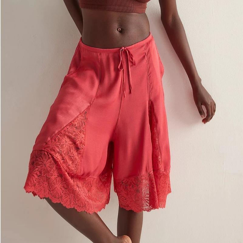 Women Y2k Lace Floral Bloomers Pants Silk Satin Patchwork Ruffles Coquette Half Slip Midi Pants Streetwear