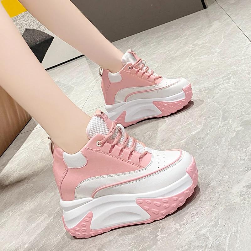 Fashion Pink Women Platform Breathable Leather Shoes Autumn Chunky Sneaker 10CM Wedge Hidden Heels Leisure Sports Casual Dad Shoes Woman
