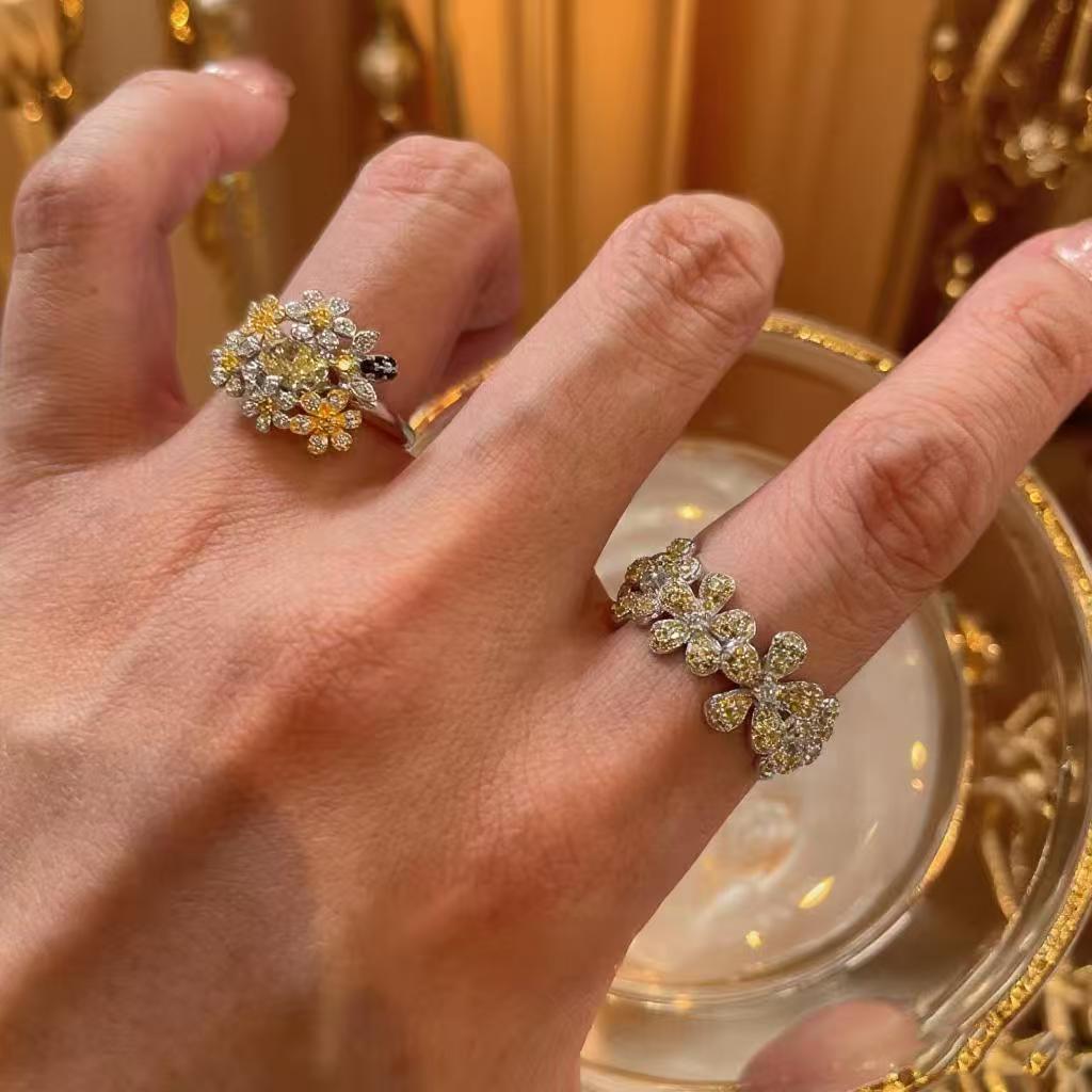 Yellow Diamond Small Floral Ring Luxurious and High-end Feel Open Index Finger Ring Simple Socialite Style Jewelry Accessories