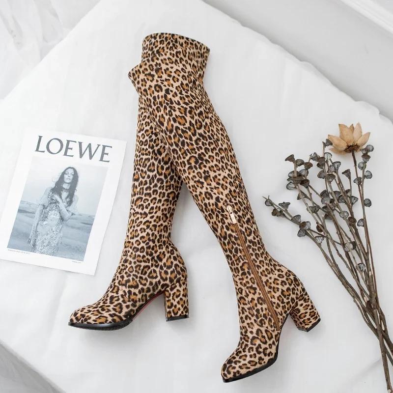 Fashion Faux Suede Boots Leopard Women Sexy Long Boots Over The Knee Thigh High Pointed Toe Chunky Heel Zipper Pull on 43