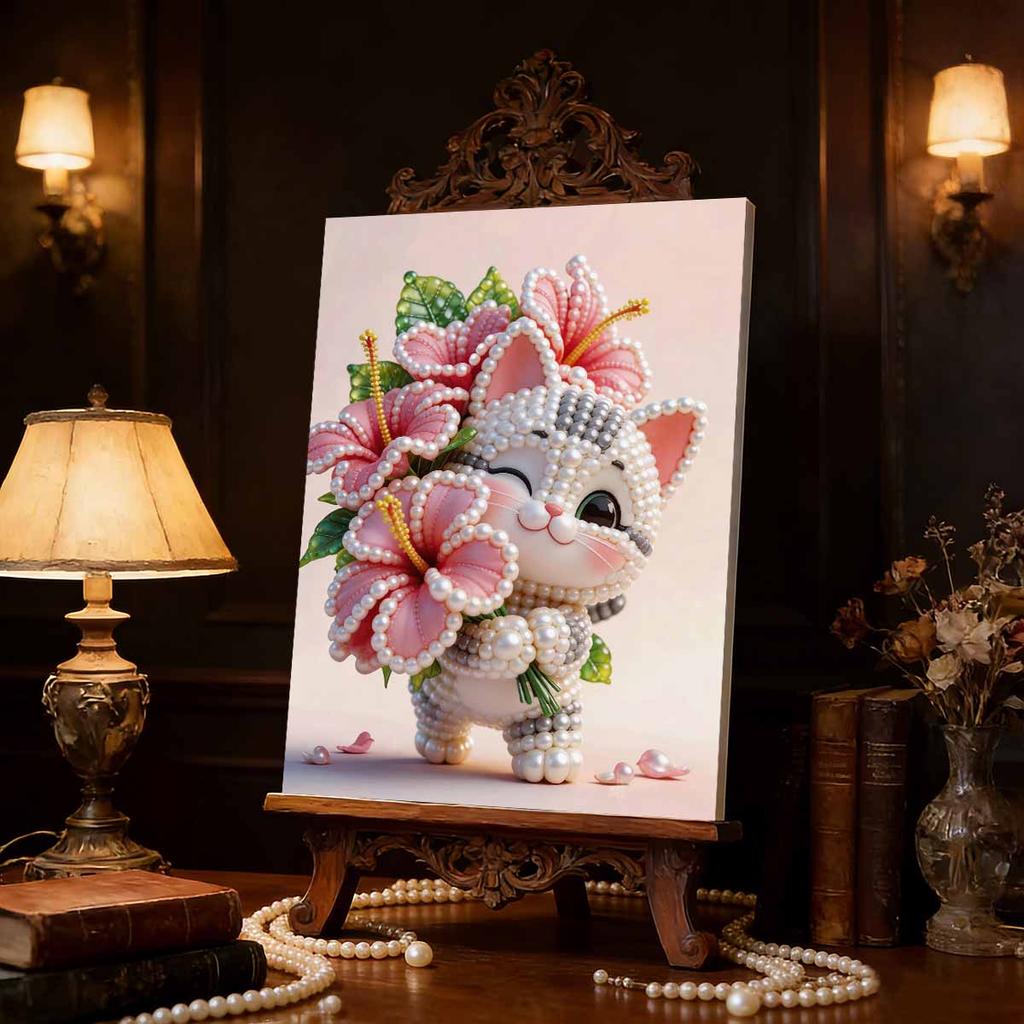 5D DIY Frameless Pearl Painting Flowers and Cats Pattern Painting Kit, Suitable for Home Living Room Bedroom and Other Wall Decoration Art Paintings