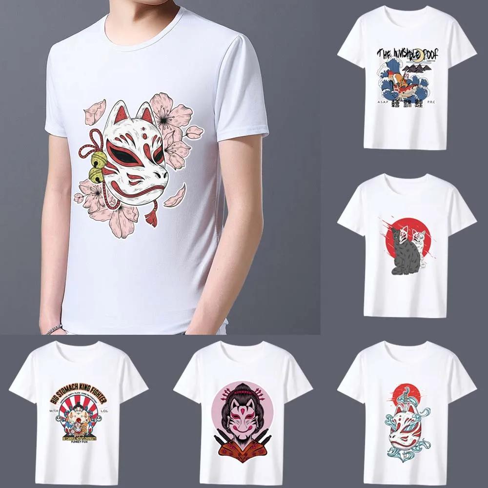 Men's T-Shirt Japanese Style Comics Mask Pattern Series Male Tee Shirt Dropshipping White Classic O-neck Man Short-sleeved Tops