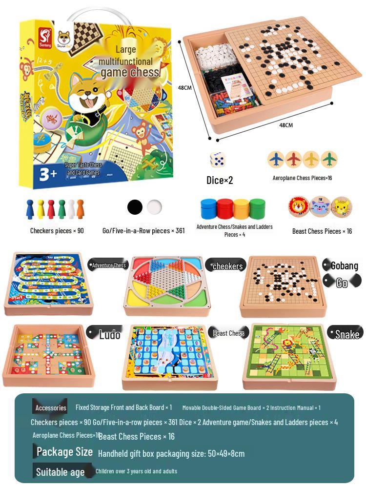 Educational Multifunctional Wooden Board Game Set: Go, Five-in-a-Row, Checkers, and Ludo for Kids