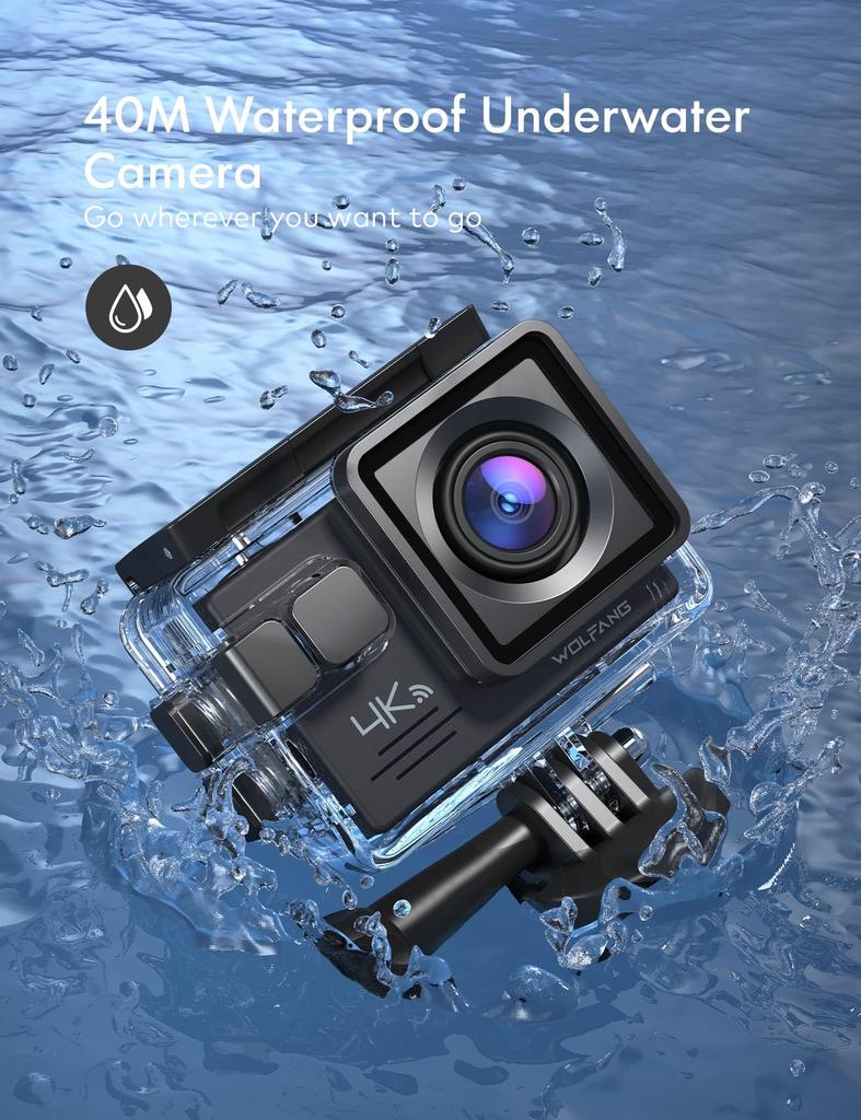 WOLFANG GA100 Action Camera Memory Card 4K 20MP Waterproof 40M Underwater Sports Camera Wearable Camera EIS Image Stabilization WiFi Function Wide