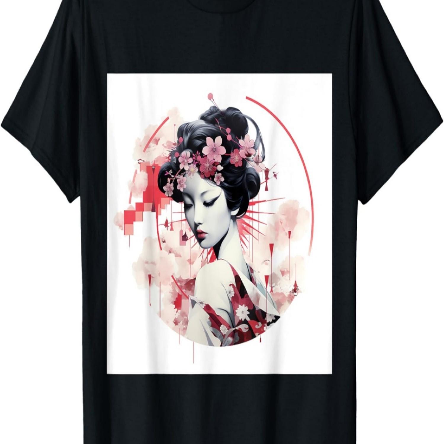 Futuristic Artistry Geisha and Cherry Blossom T-Shirt S чёрный