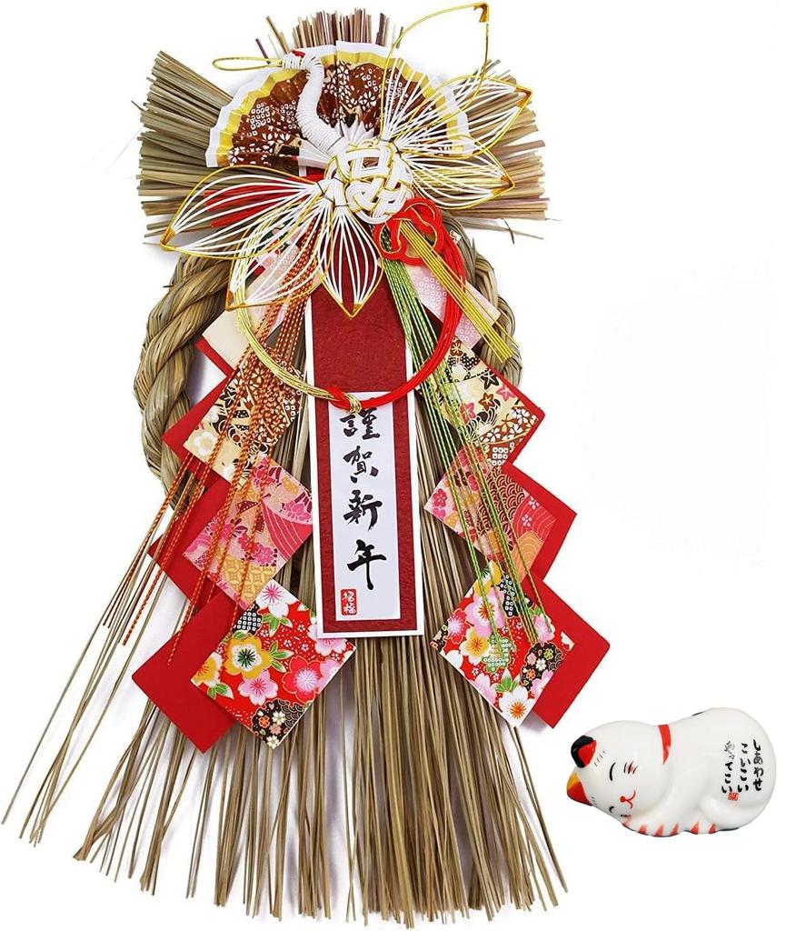 Osaka Choseido New Shimenawa Stylish Entrance Wreath with 40cm Tsuruga Includes Bonus Maneki Neko Chopstick Rest Year's Decoration, (Shimenawa Rope),