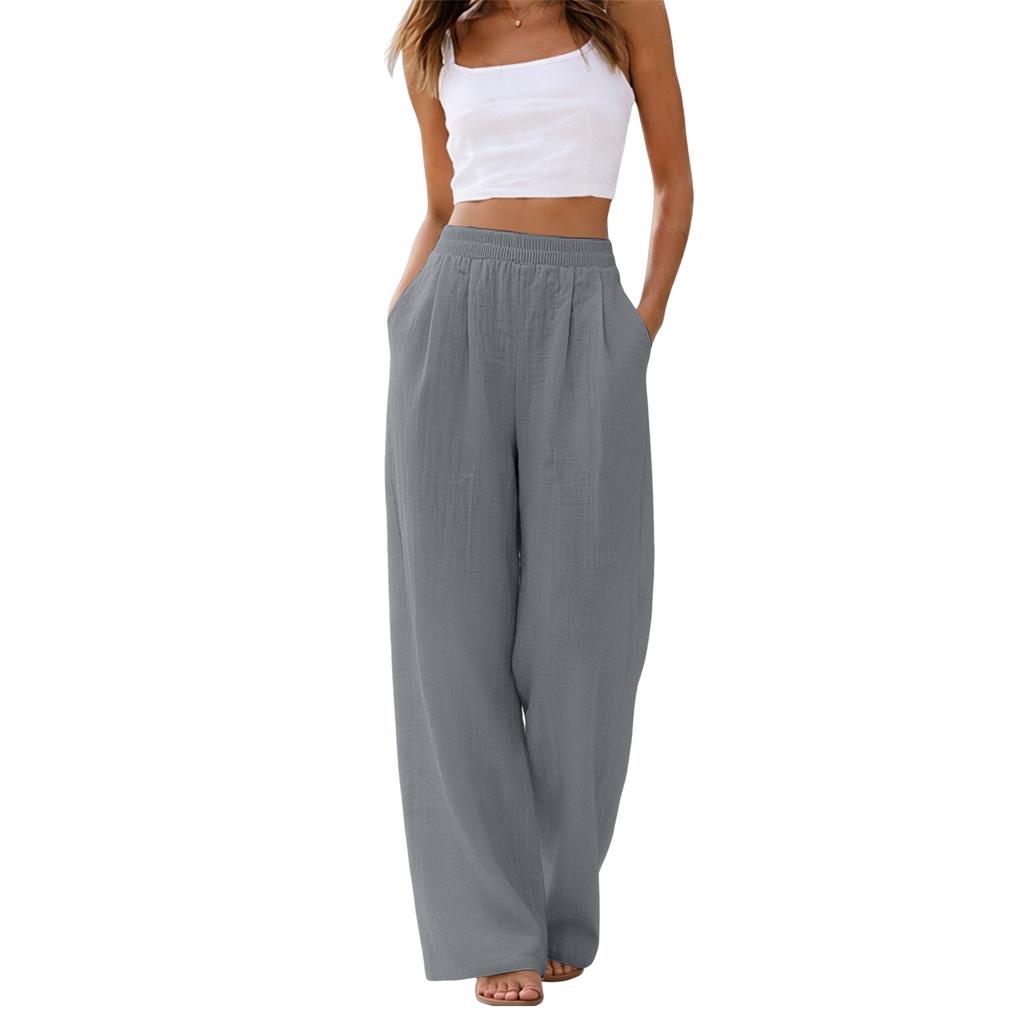 Women's Linen Wide Leg Pants Elastic Waist Summer Beach Vacation Lightweight Loose Fit Long Trousers Casual Comfortable