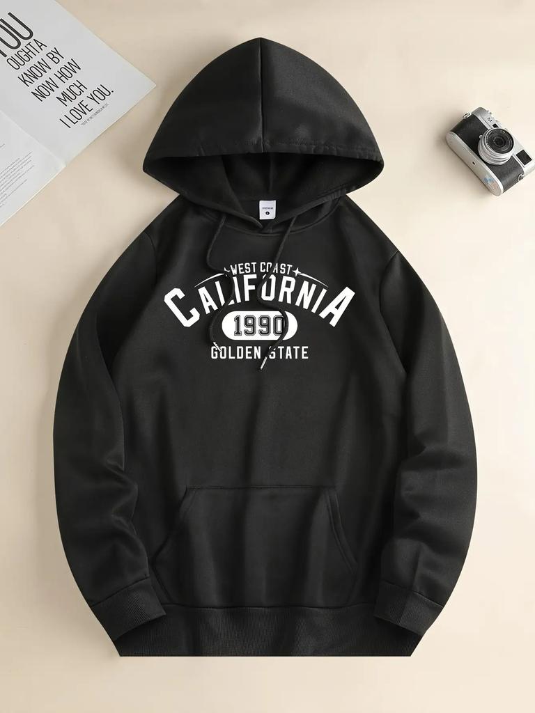 Men's New Trendy Autumn Winter Hoodie, Casual Drawstring Hooded Sweatshirt with Letter Print Pattern, Front Kangaroo Pocket, Men's Top, PLUS SIZE