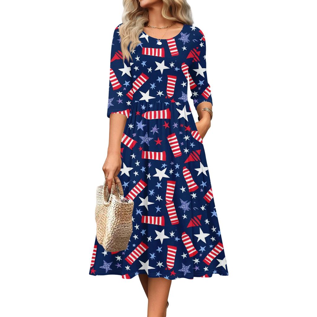 Women's Independence Day Dress - Casual Midi, Round Neck, Three Quarter Sleeves, Ruching Waist, for Spring Fall Parties
