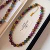 Temperament 8mm Rainbow Tourmaline Natural Stone Beaded Necklace For Women 18K Real Gold Plated Copper Chain Strand Choker