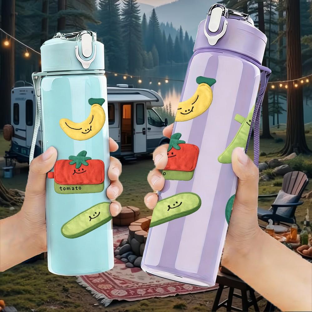 1PC Mixed Fruit Vegetable Fresh Food Print 750ml Color Plastic Sports Water Bottle Leakproof Flip Straw Lid Suitable for Sports Office Home Use