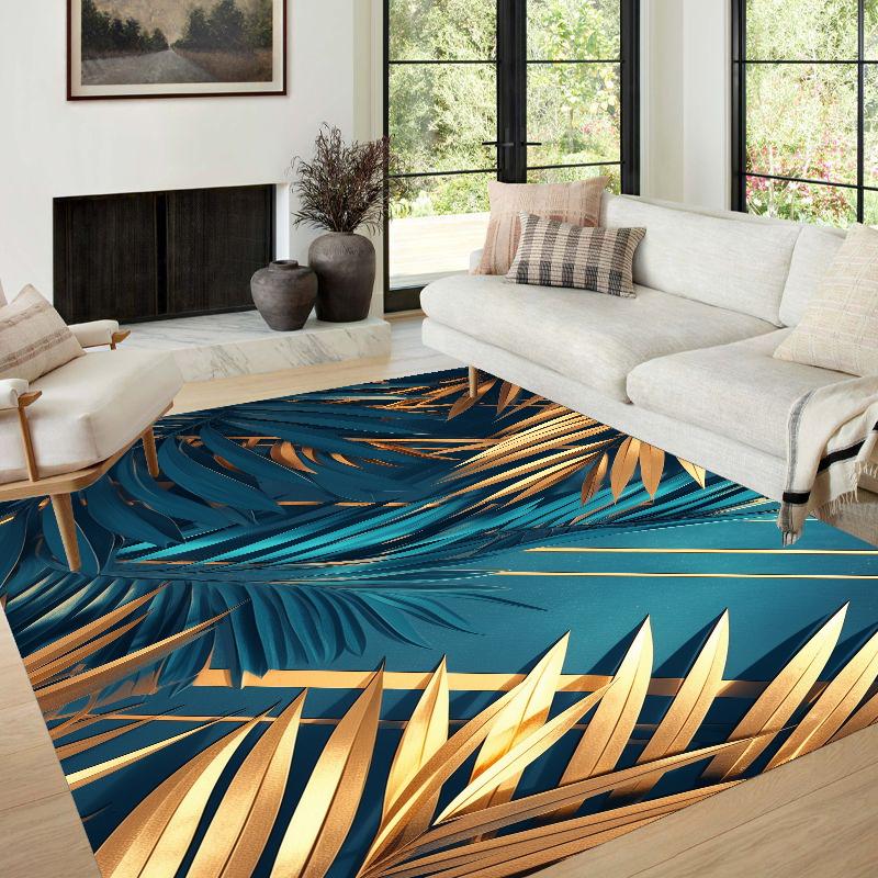 3d Golden Modern Carpet in The Living Room Leaf Patterns Room Decor Home Mats Machine Washable Large Area Rugs for Bedroom Ins