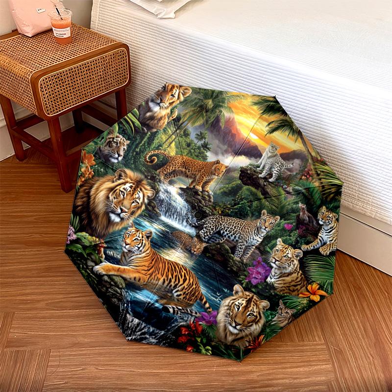 1 PC Automatic Folding Umbrella - Tiger Jungle Wildlife Pattern, Portable & Foldable Design with 8 Ribs, Christmas Birthday Gifts