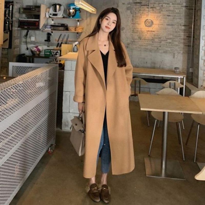 Autumn Winter Casual Fashion Solid Color Lace Up Coat Women Simple All-match Woolen Fabric Outwear Cardigan Top