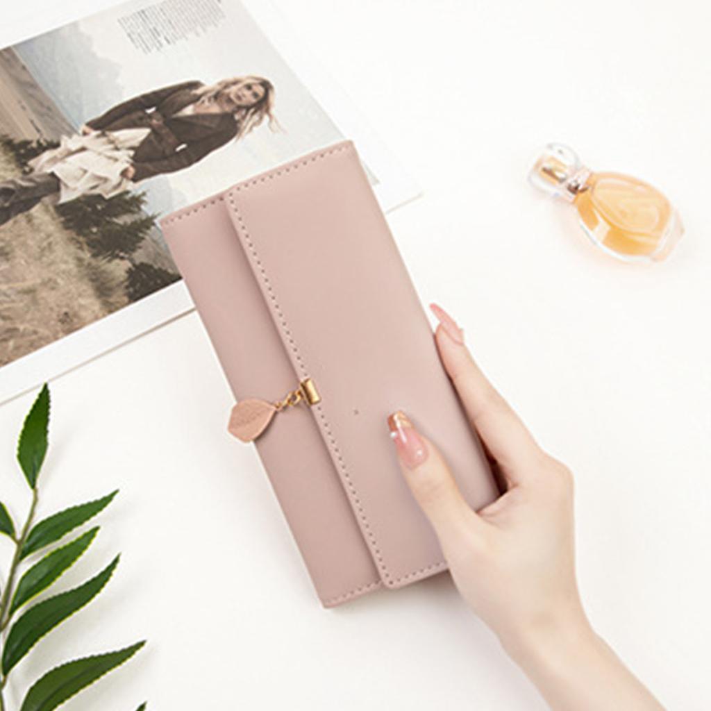 Women Wallet Long Wallet Trifold PU Large Capacity with Leaf Pendant Portable Card Holder Wallet